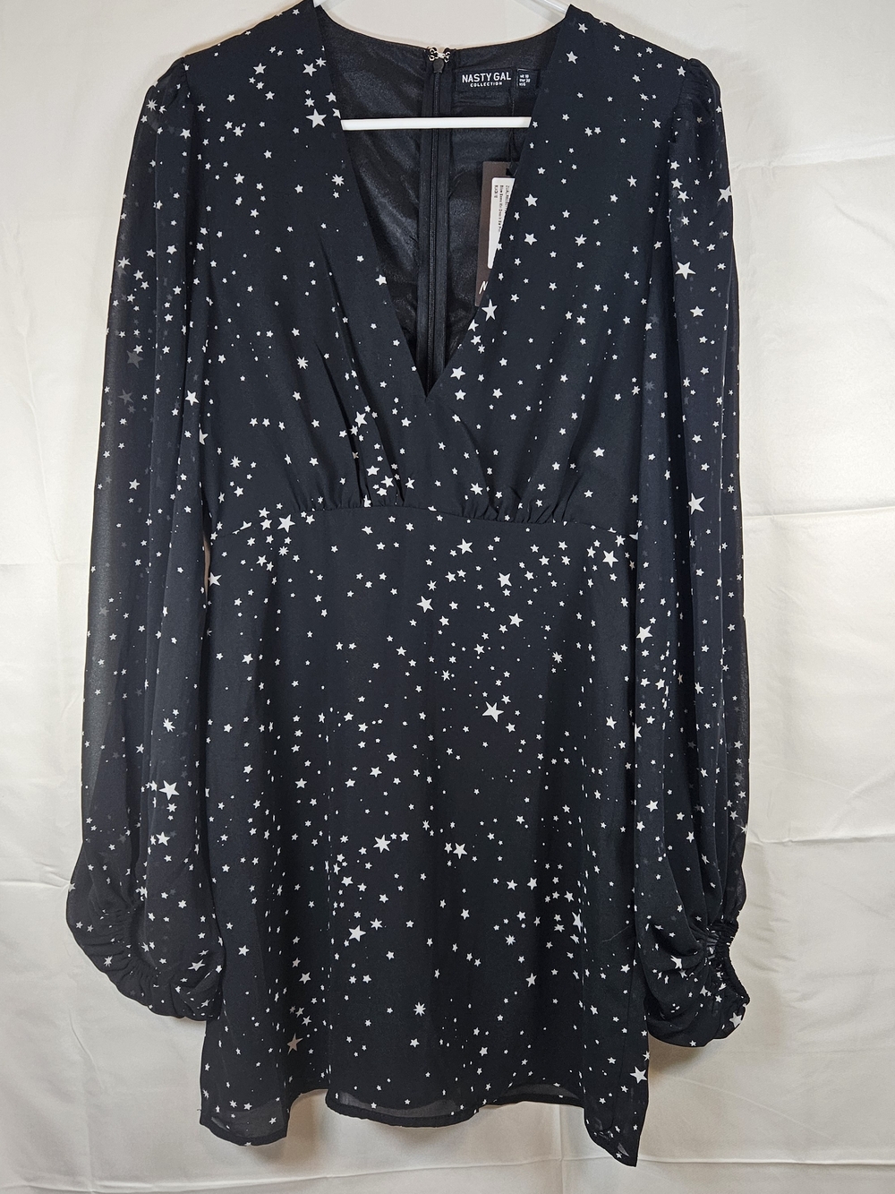 Nasty Gal Black Star-Print Long Sleeve V-Neck Mini Dress Romantic Cocktail Party